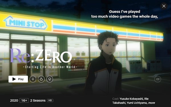 Watch Re:Zero - Starting Life in Another World on NetFlix Season 1 & 2 From Anywhere in the World