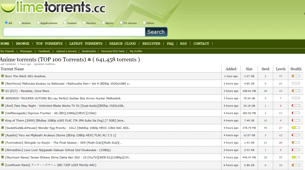 Site Web de torrent d'anime LimeTorrents