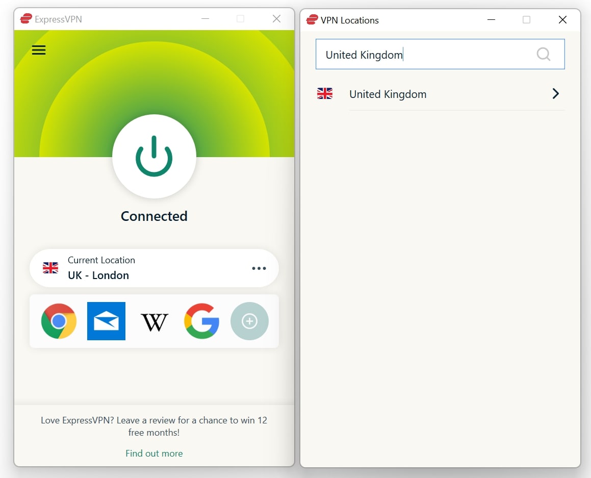 Connected to The UK via ExpressVPN