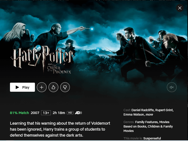 Watch Harry Potter and the Order of the Phoenix on Netflix