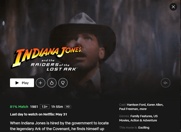 Watch Indiana Jones and the Raiders of the Lost Ark (1981) on Netflix