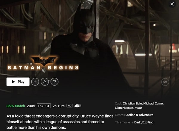 Batman Begins (2005): Watch it on Netflix