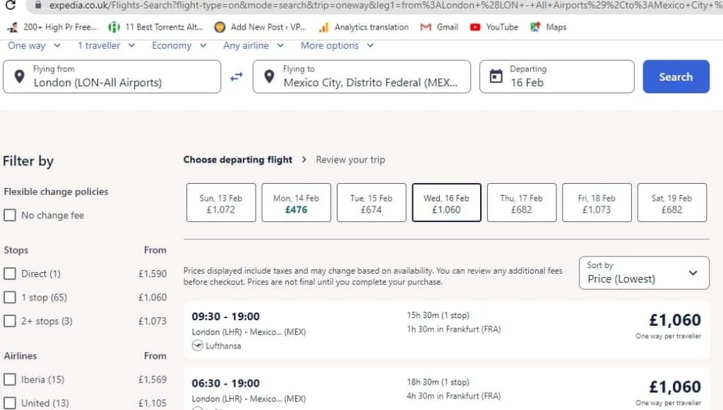 Price result for flights London to Mexico city