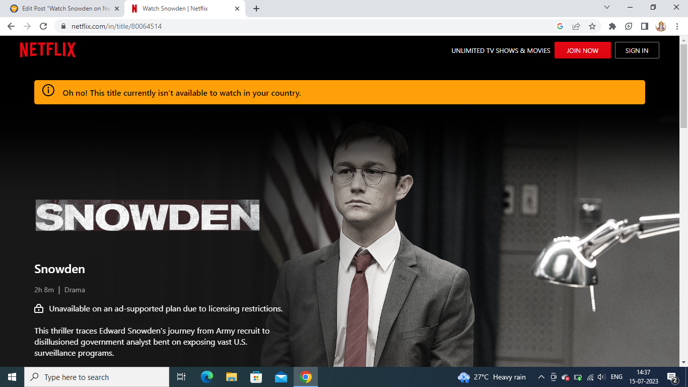 Snowden is not showing on Netflix